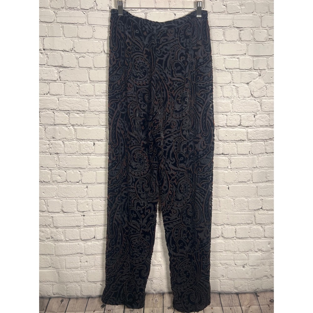 Carmen Marc Valvo Silk Velvet Paisley Beaded Sheer Pants Black Copper Size 8 - Picture 4 of 7